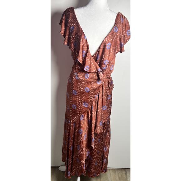 Anthropologie Ruffle Sleeve Printed Wrap Maxi Silky Dress Medium Brown Copper - Picture 5 of 13